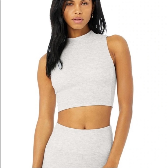 Alo Yoga Dove Grey Heather Micro Waffle Built In Bra Mock Neck Crop Tank Small - Picture 2 of 8